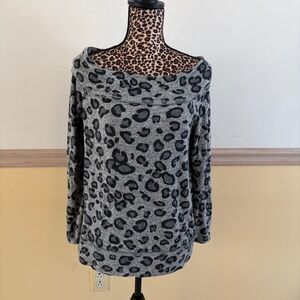 Gibson Womens XS Grey Leopard Print Off The Shoulder Knit Pullover Top Sweater‎